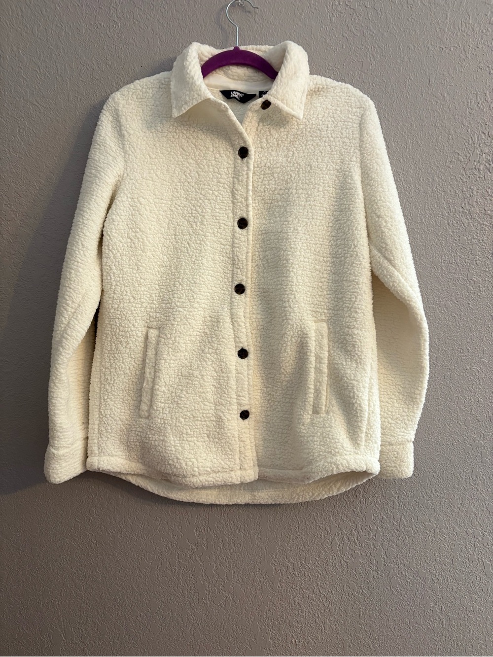 Lands' End Cream Sherpa Button-Front Jacket